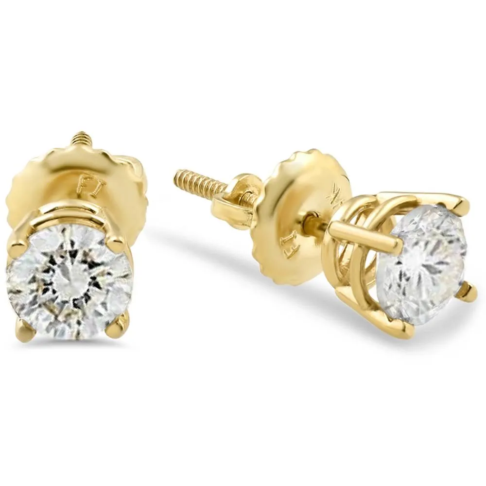 1/2ct Diamond Stud Earrings Solid 14K Yellow or White Gold Screw Back