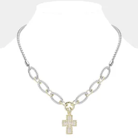 14K Gold Plated Two Tone CZ Paved Cross Pendant Necklace