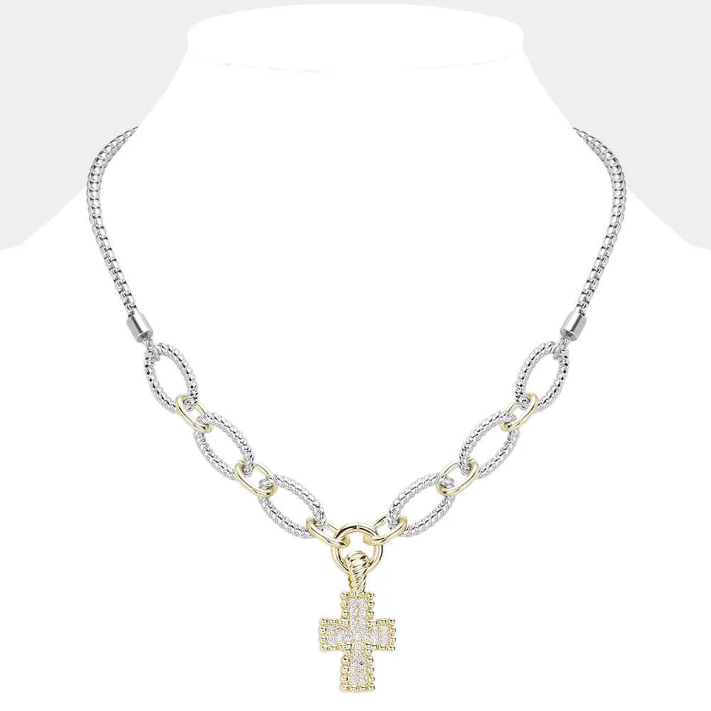 14K Gold Plated Two Tone CZ Paved Cross Pendant Necklace