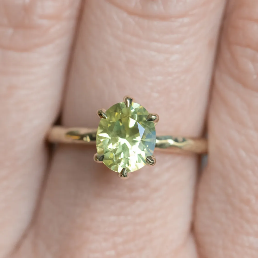 1.95ct Oval Yellow-Green Untreated Parti Nigerian Oval Sapphire Six Prong Evergreen Solitaire in 14k Green Gold