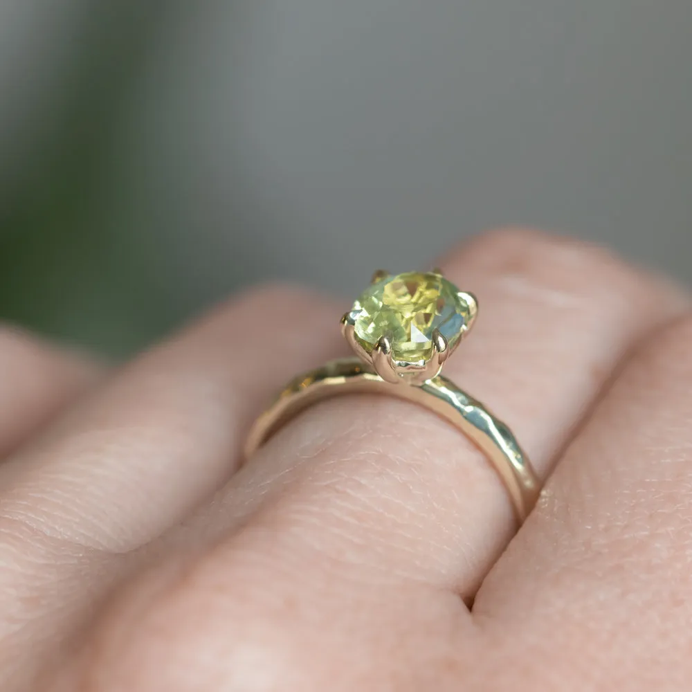 1.95ct Oval Yellow-Green Untreated Parti Nigerian Oval Sapphire Six Prong Evergreen Solitaire in 14k Green Gold