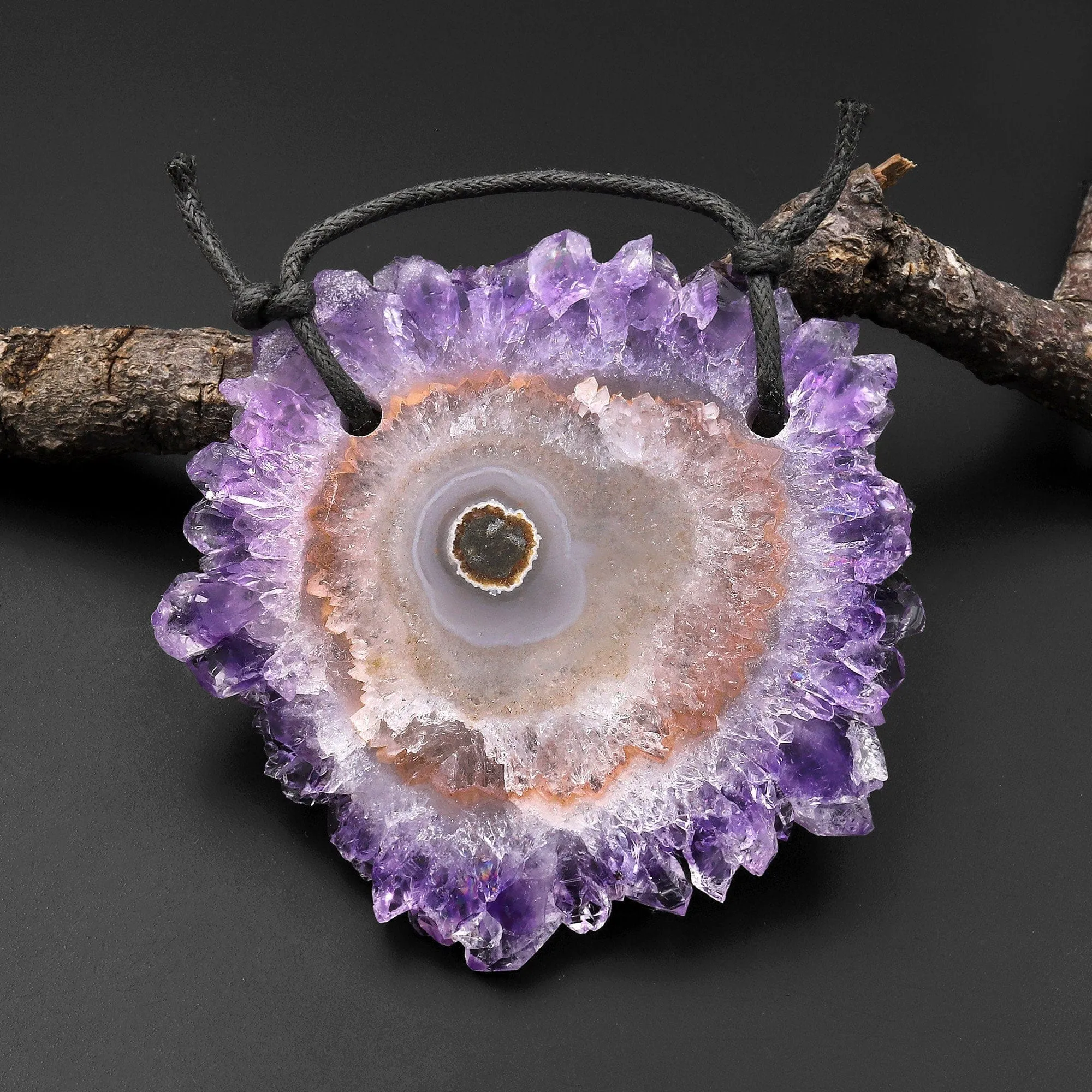 2 Hole Pendant Natural Amethyst Stalactite Flower Pendant Flat Slice Freeform One of a Kind P0128