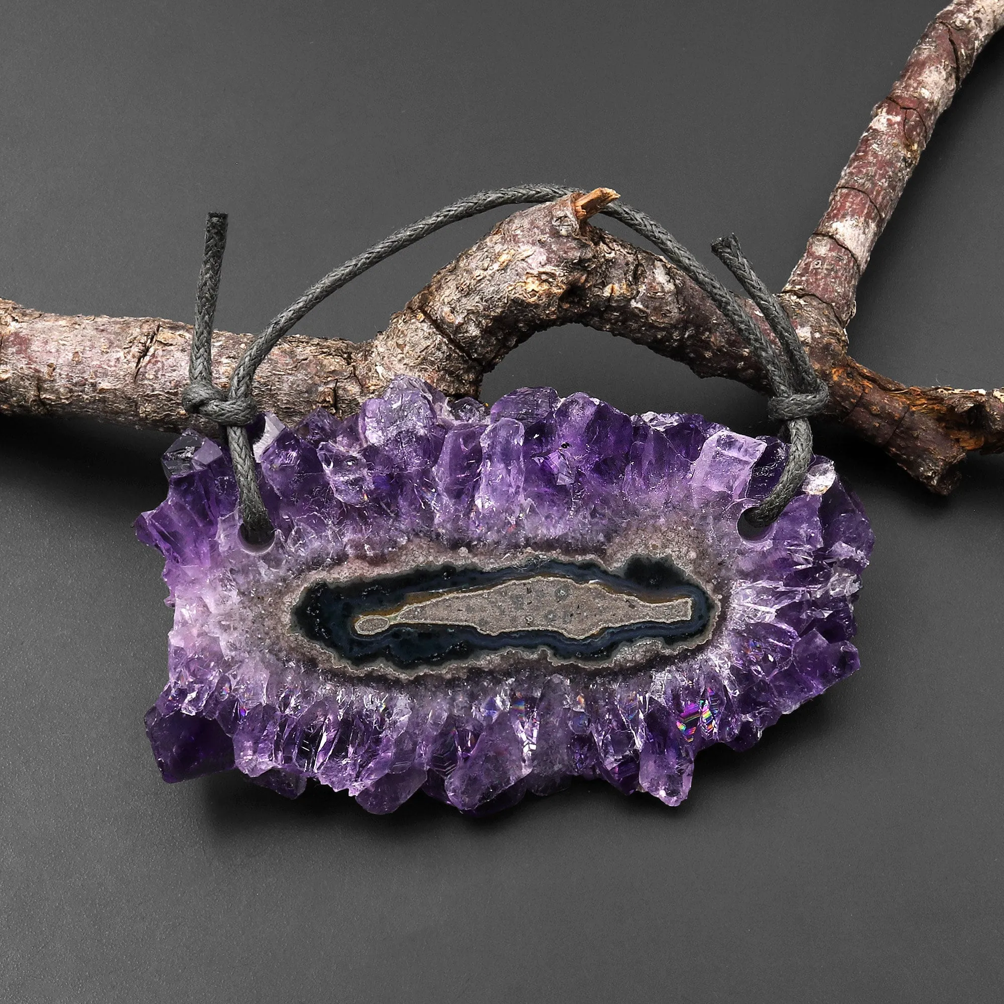 2 Hole Pendant Natural Amethyst Stalactite Flower Pendant Flat Slice Freeform One of a Kind P0140