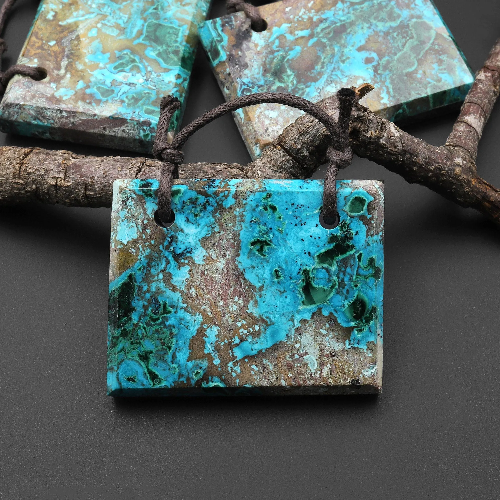 2 Hole Pendant Natural Shattuckite from Congo Malachite Chrysocolla Azurite Faceted Rectangle Gemstone A5