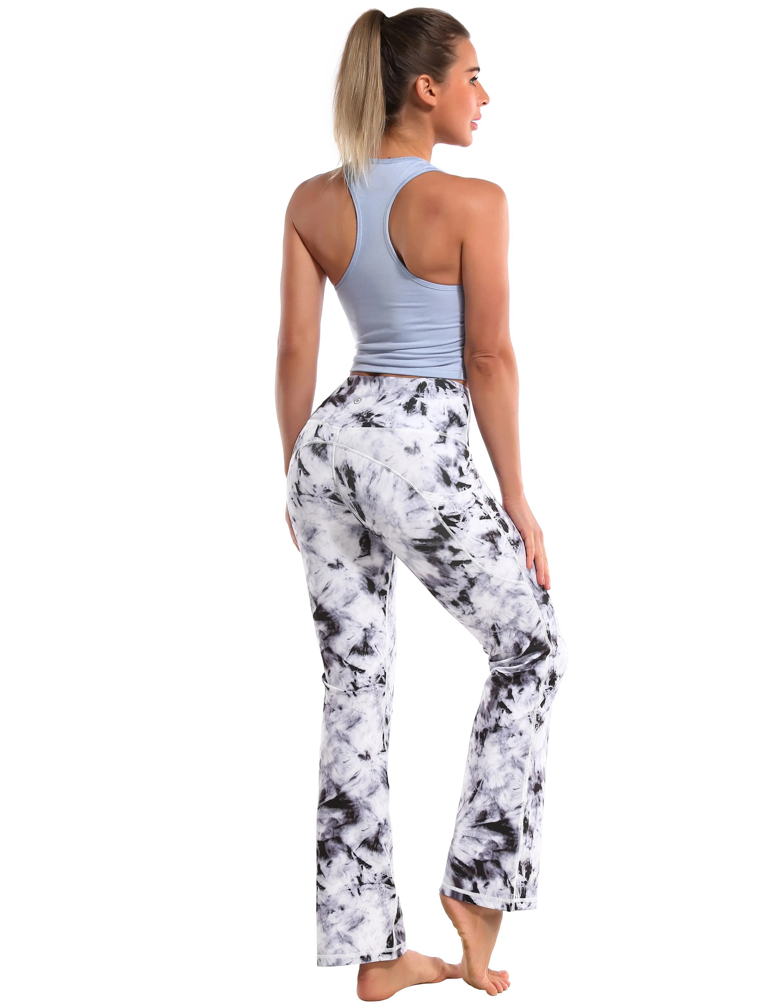 29" 31" 33" 35" 37"  Side Pockets Printed Bootcut Leggings black dandelion