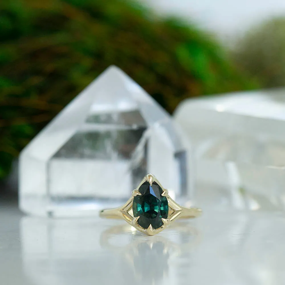 2ct Pear Forest Green Nigerian Sapphire Low Profile Six Prong Split Shank Solitaire in 14k Yellow Gold