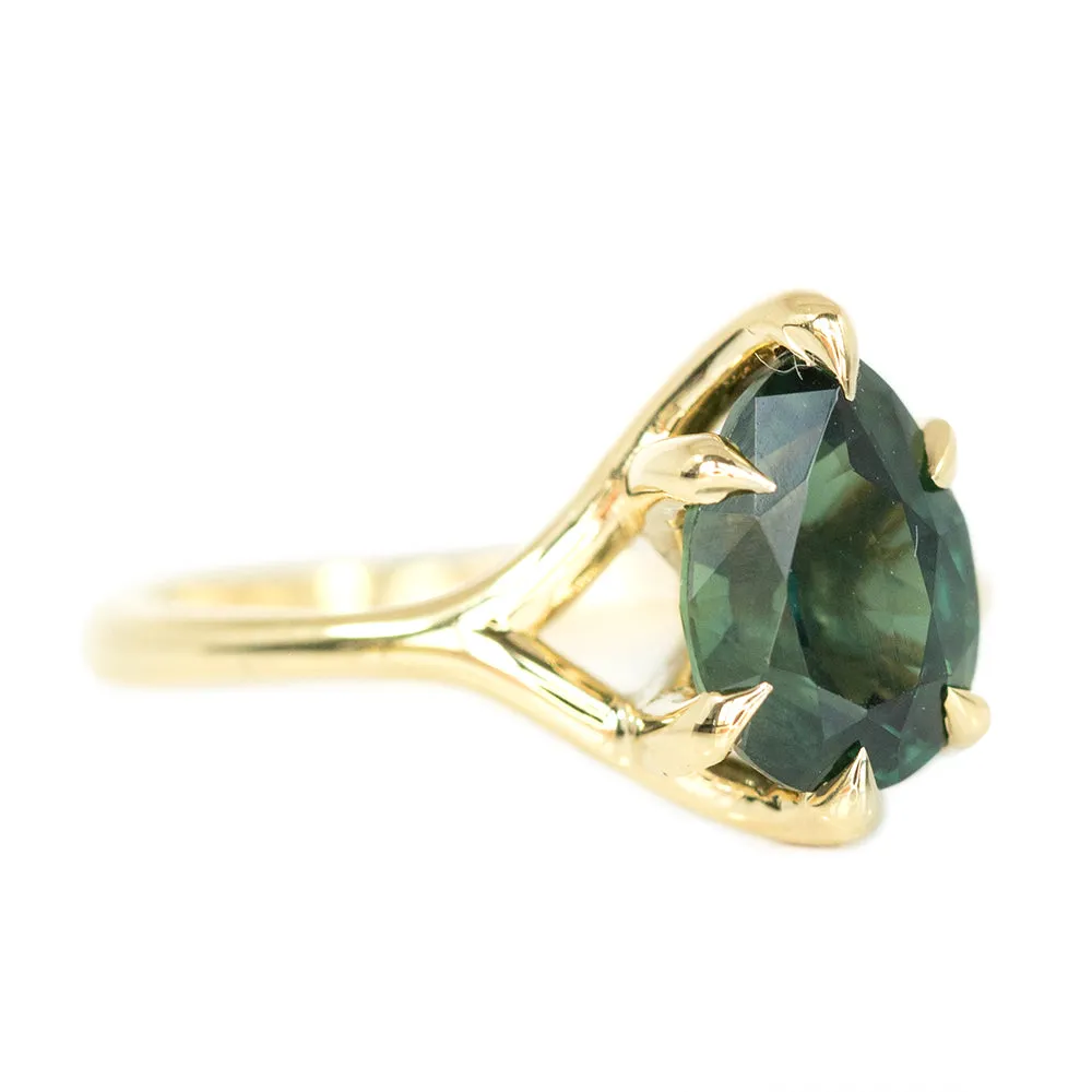 2ct Pear Forest Green Nigerian Sapphire Low Profile Six Prong Split Shank Solitaire in 14k Yellow Gold