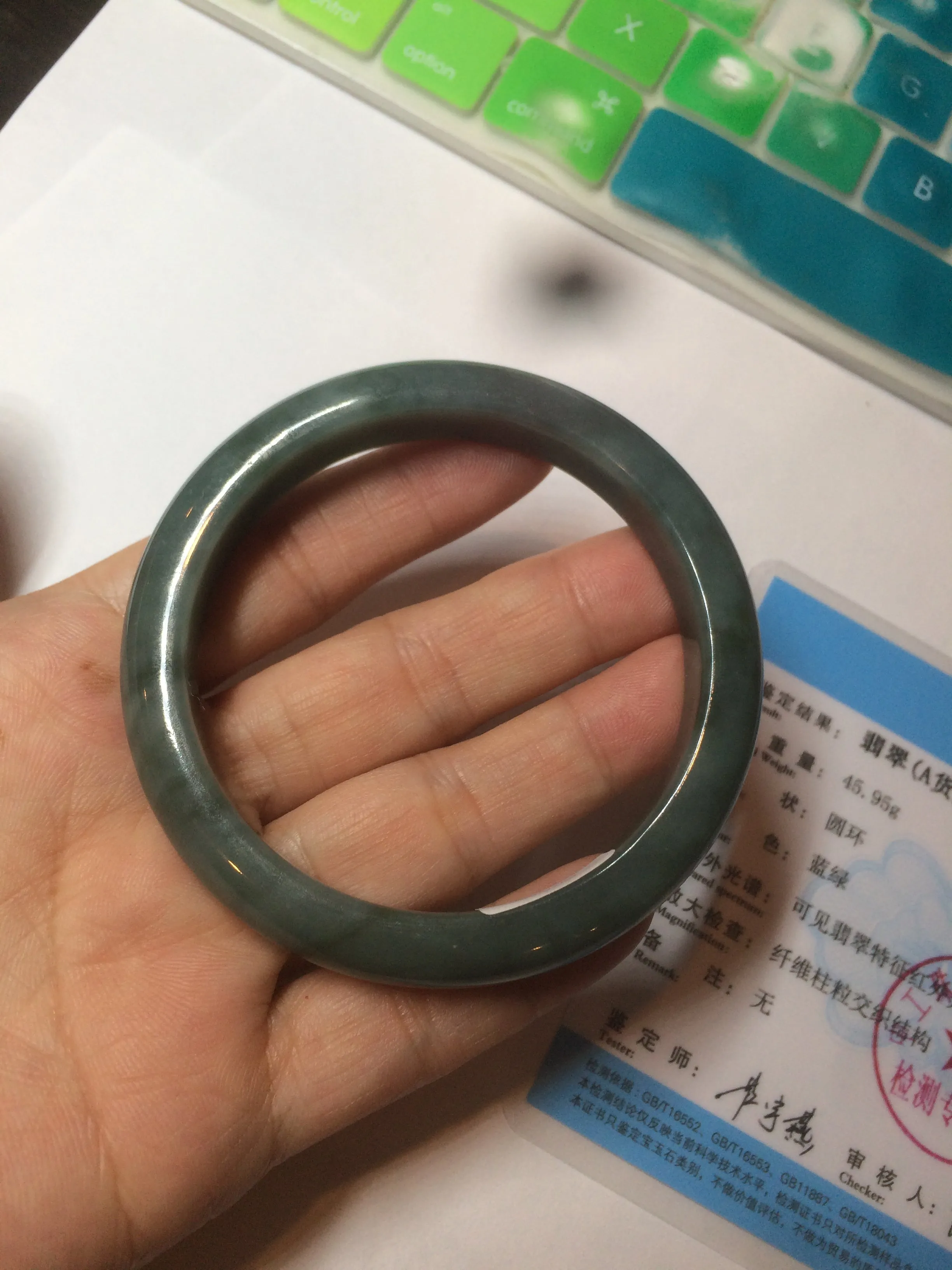 56.2 mm certificated Type A 100% Natural oily dark green/blue/gray Jadeite Jade bangle K108-0759