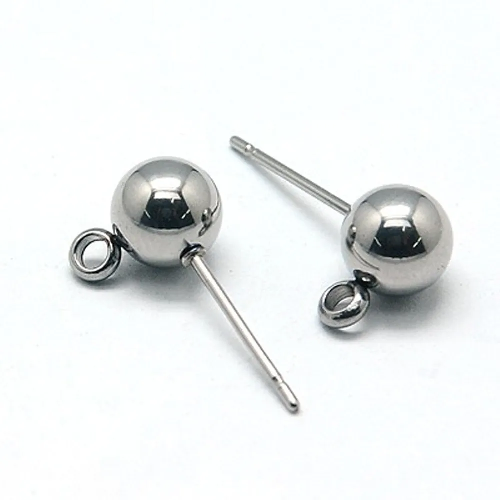 6mm Ball Earrings Posts, 2mm Loop, 0.7mm Pin, 100 Pieces, #1360