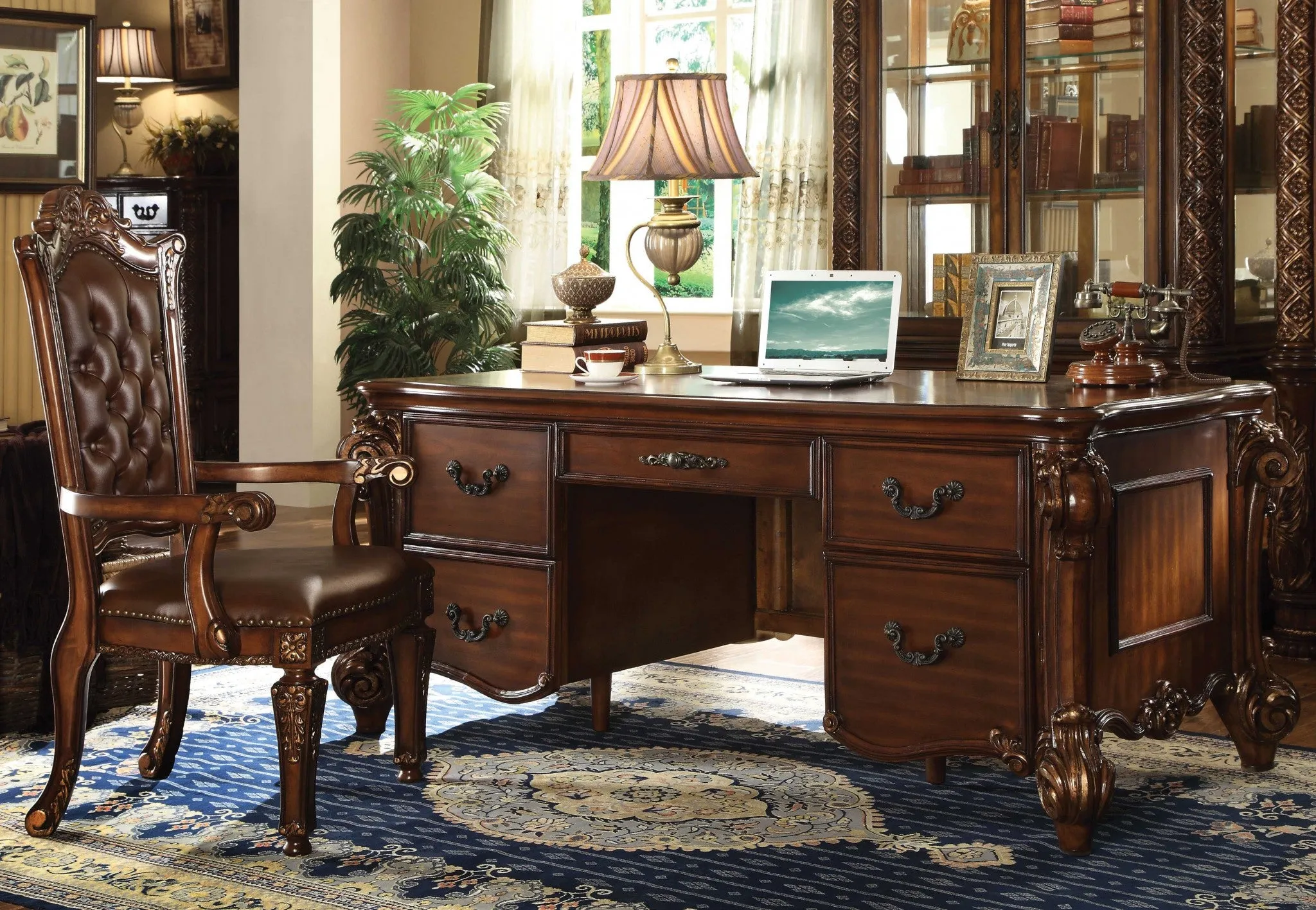 74 Brown Mirrored Executive Desk With Five Drawers