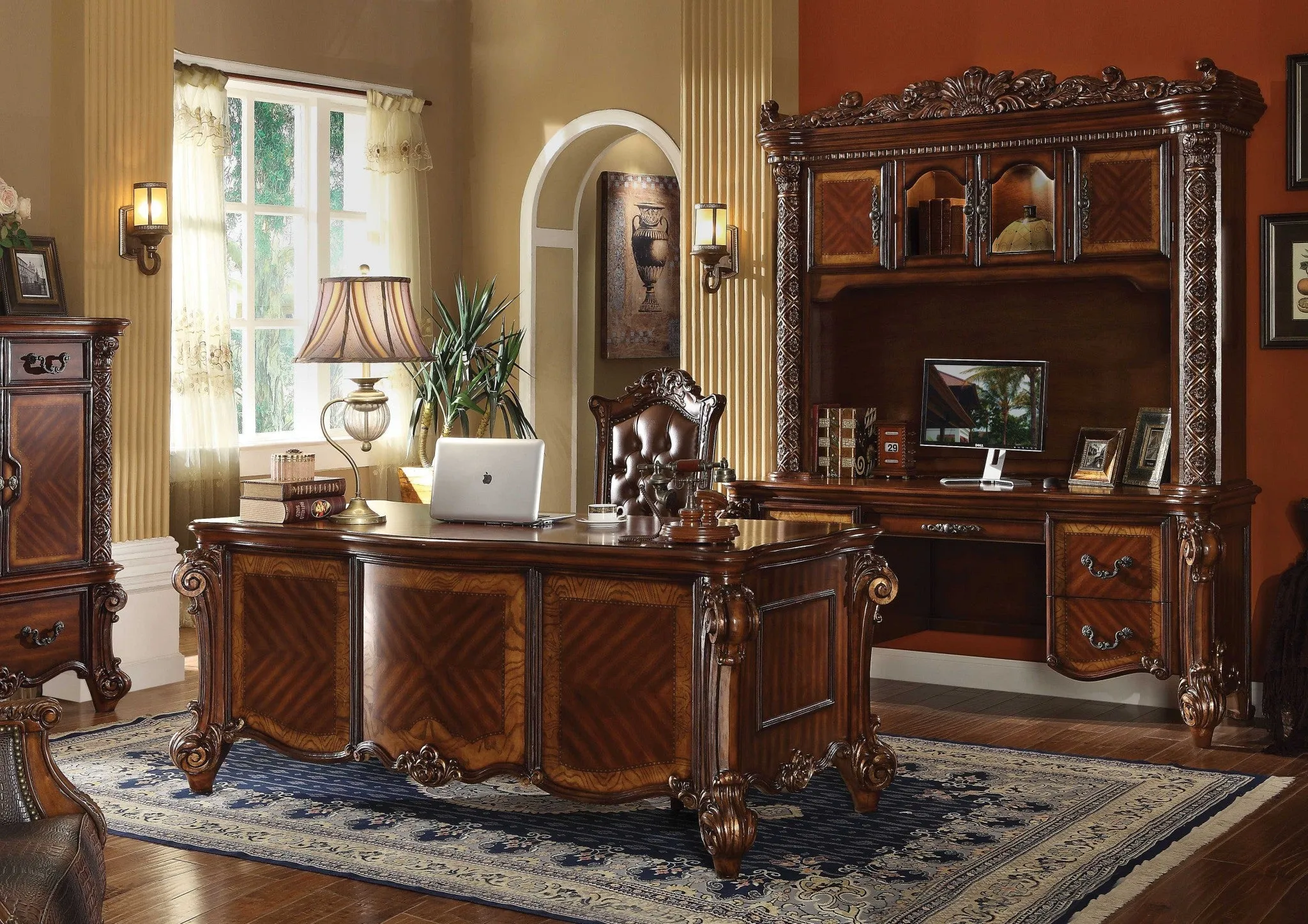 74 Brown Mirrored Executive Desk With Five Drawers