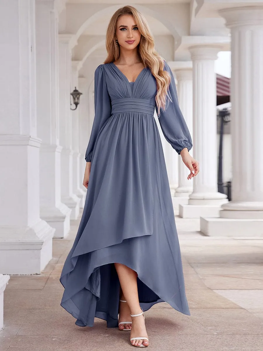 A-Line Pleated See-Through Long Lantern Midi Chiffon Bridesmaid Dress