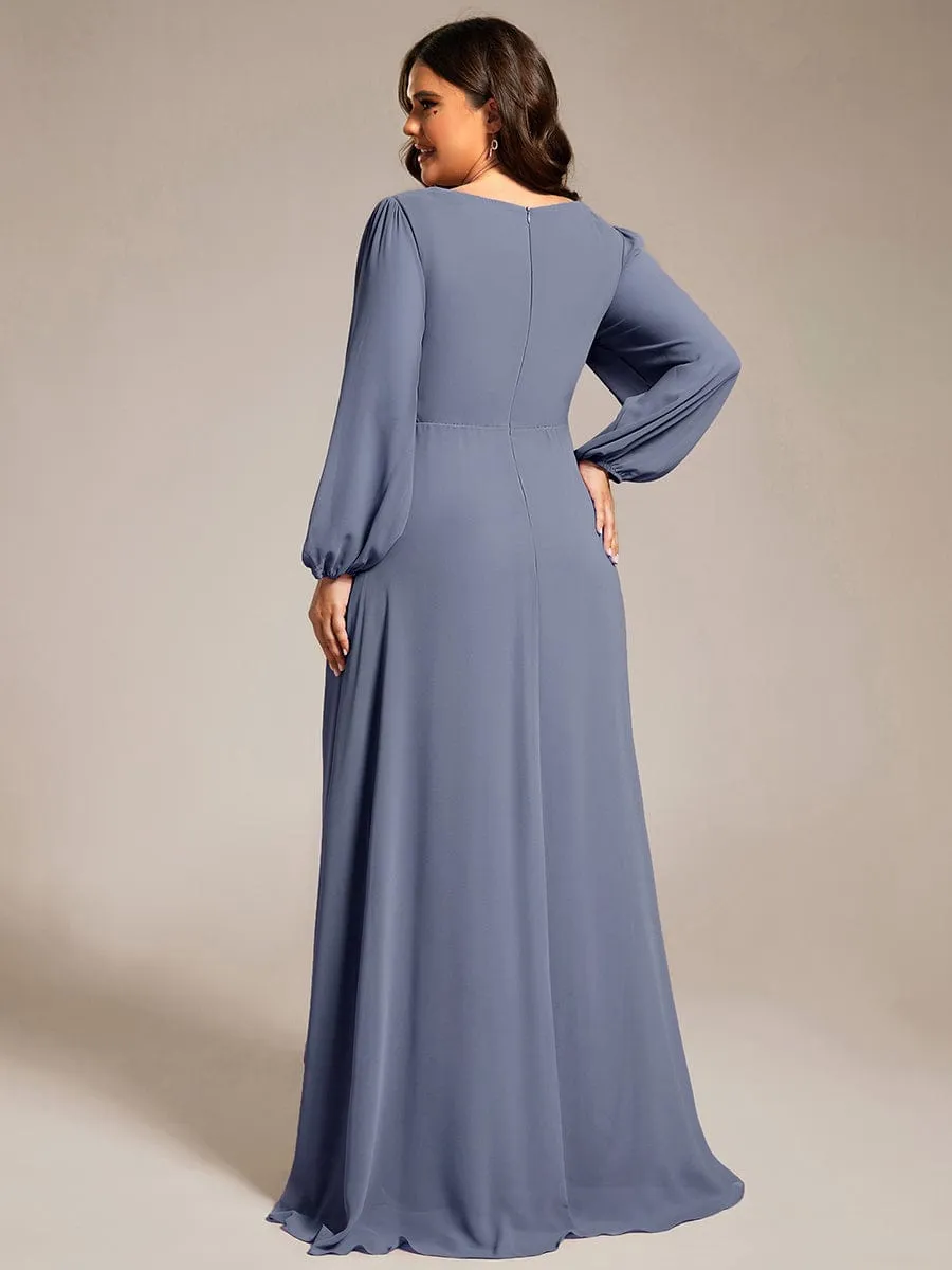 A-Line Pleated See-Through Long Lantern Midi Chiffon Bridesmaid Dress