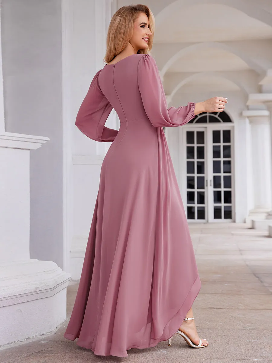 A-Line Pleated See-Through Long Lantern Midi Chiffon Bridesmaid Dress