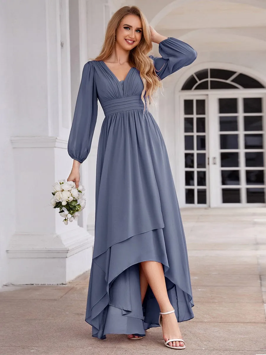 A-Line Pleated See-Through Long Lantern Midi Chiffon Bridesmaid Dress