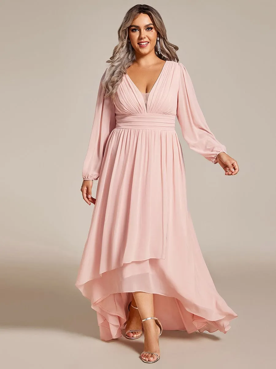 A-Line Pleated See-Through Long Lantern Midi Chiffon Bridesmaid Dress