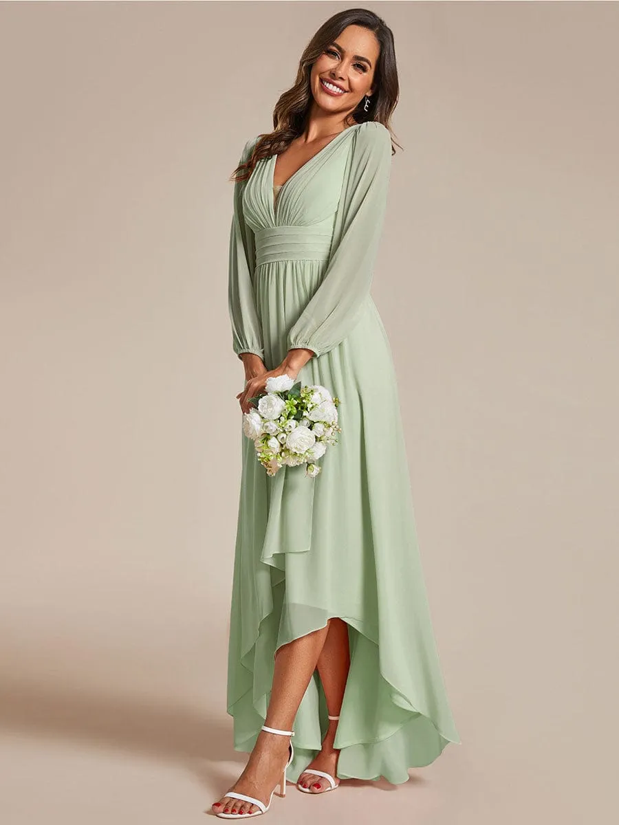 A-Line Pleated See-Through Long Lantern Midi Chiffon Bridesmaid Dress