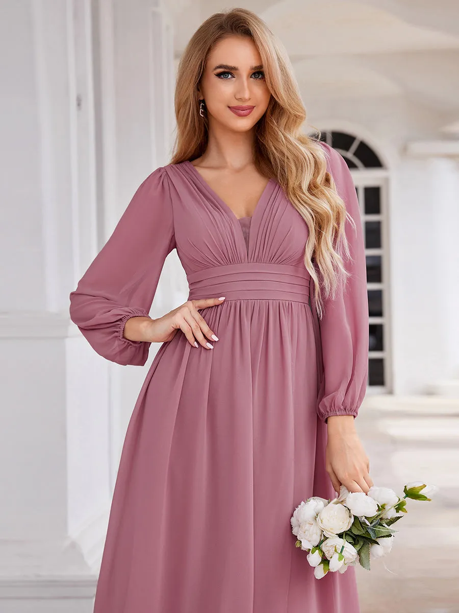 A-Line Pleated See-Through Long Lantern Midi Chiffon Bridesmaid Dress