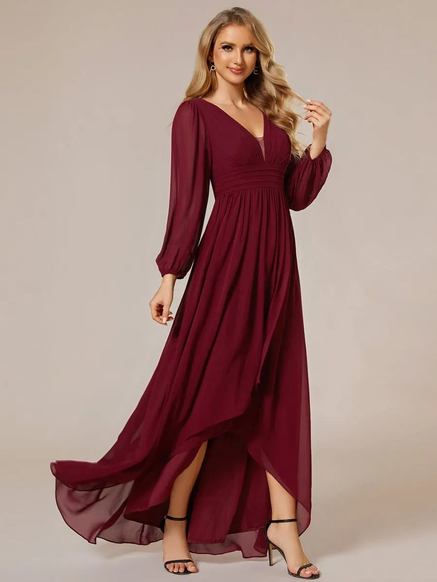 A-Line Pleated See-Through Long Lantern Midi Chiffon Bridesmaid Dress