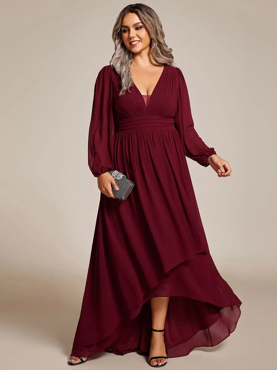 A-Line Pleated See-Through Long Lantern Midi Chiffon Bridesmaid Dress