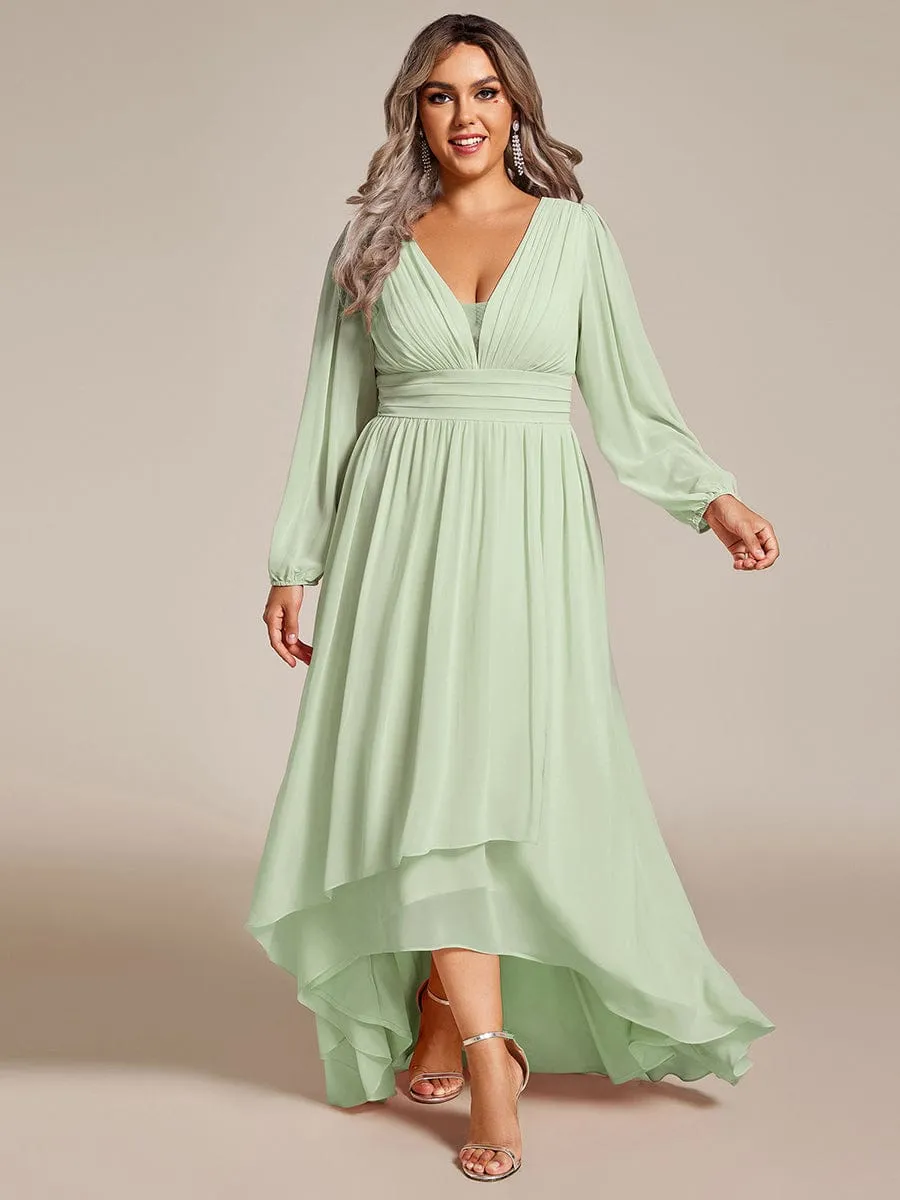 A-Line Pleated See-Through Long Lantern Midi Chiffon Bridesmaid Dress