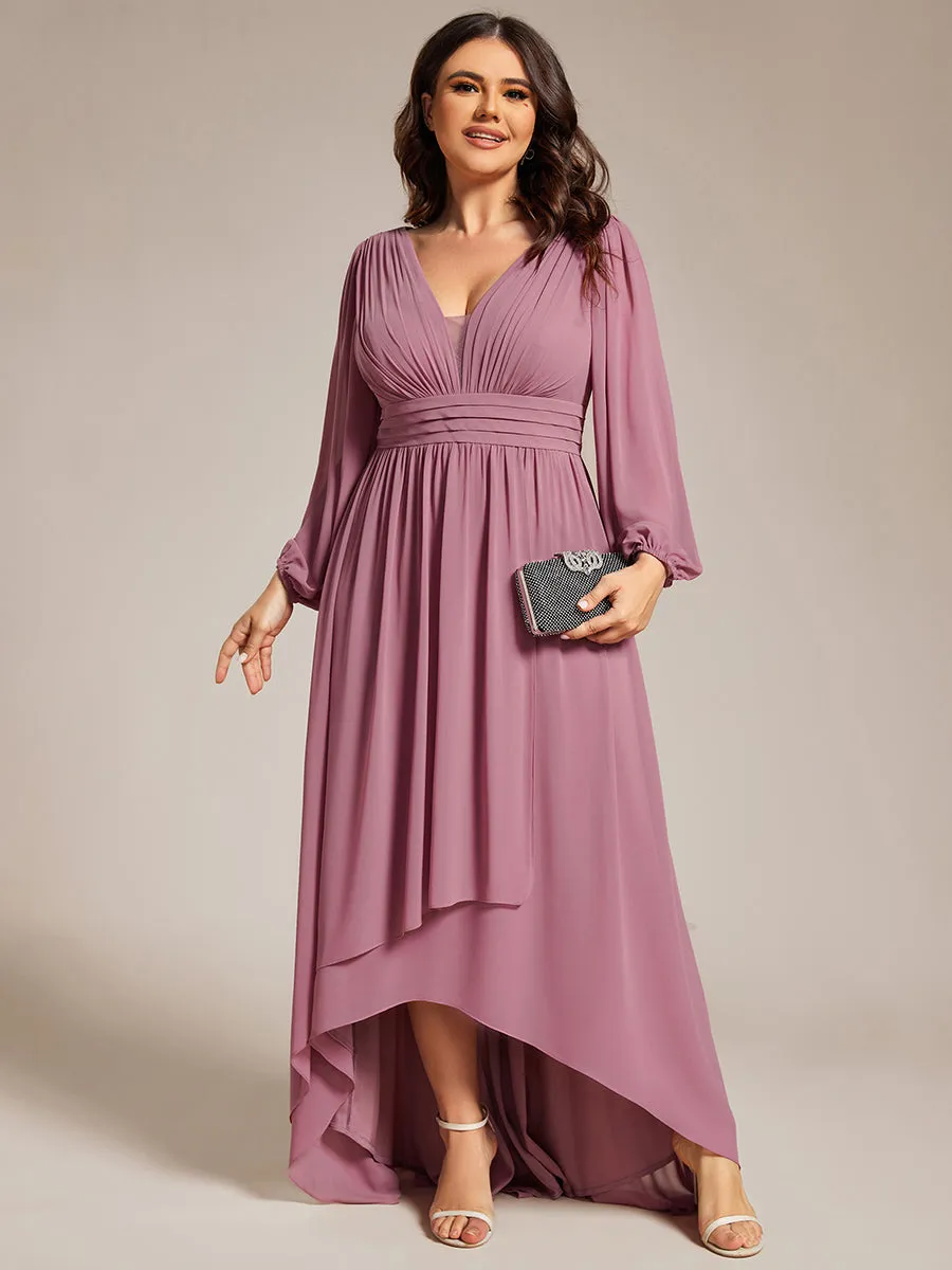 A-Line Pleated See-Through Long Lantern Midi Chiffon Bridesmaid Dress