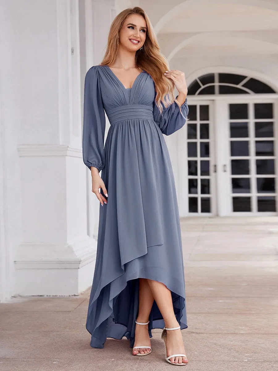 A-Line Pleated See-Through Long Lantern Midi Chiffon Bridesmaid Dress