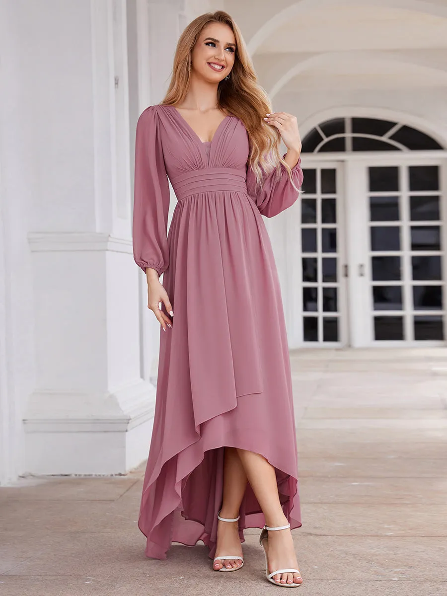 A-Line Pleated See-Through Long Lantern Midi Chiffon Bridesmaid Dress