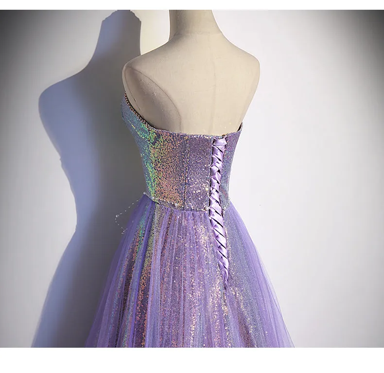 A line Sweetheart Long Tulle Lilac Prom Dresses SH036