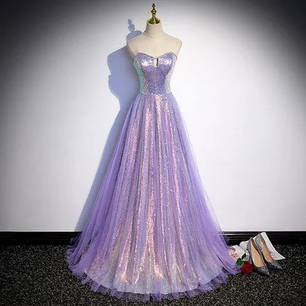 A line Sweetheart Long Tulle Lilac Prom Dresses SH036