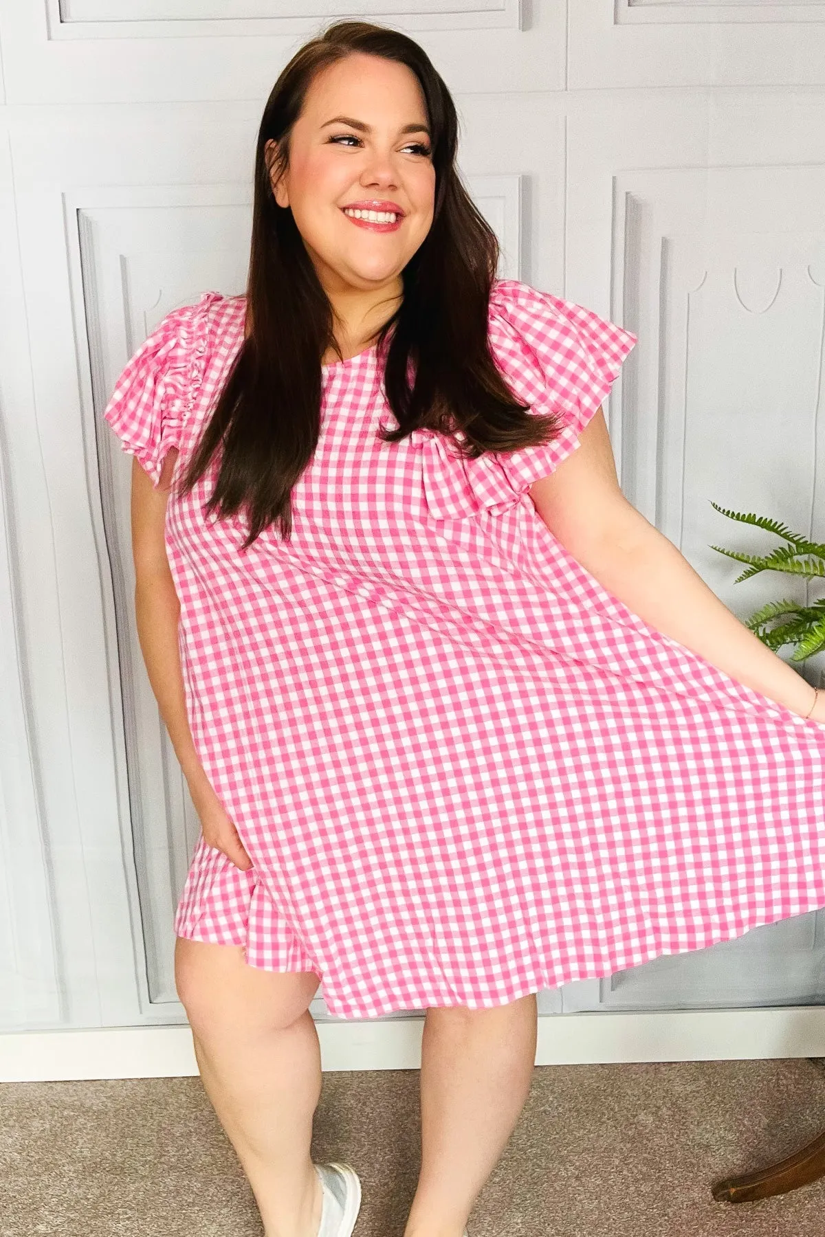 A True Beauty Pink Gingham Check Ruffle Sleeve Dress