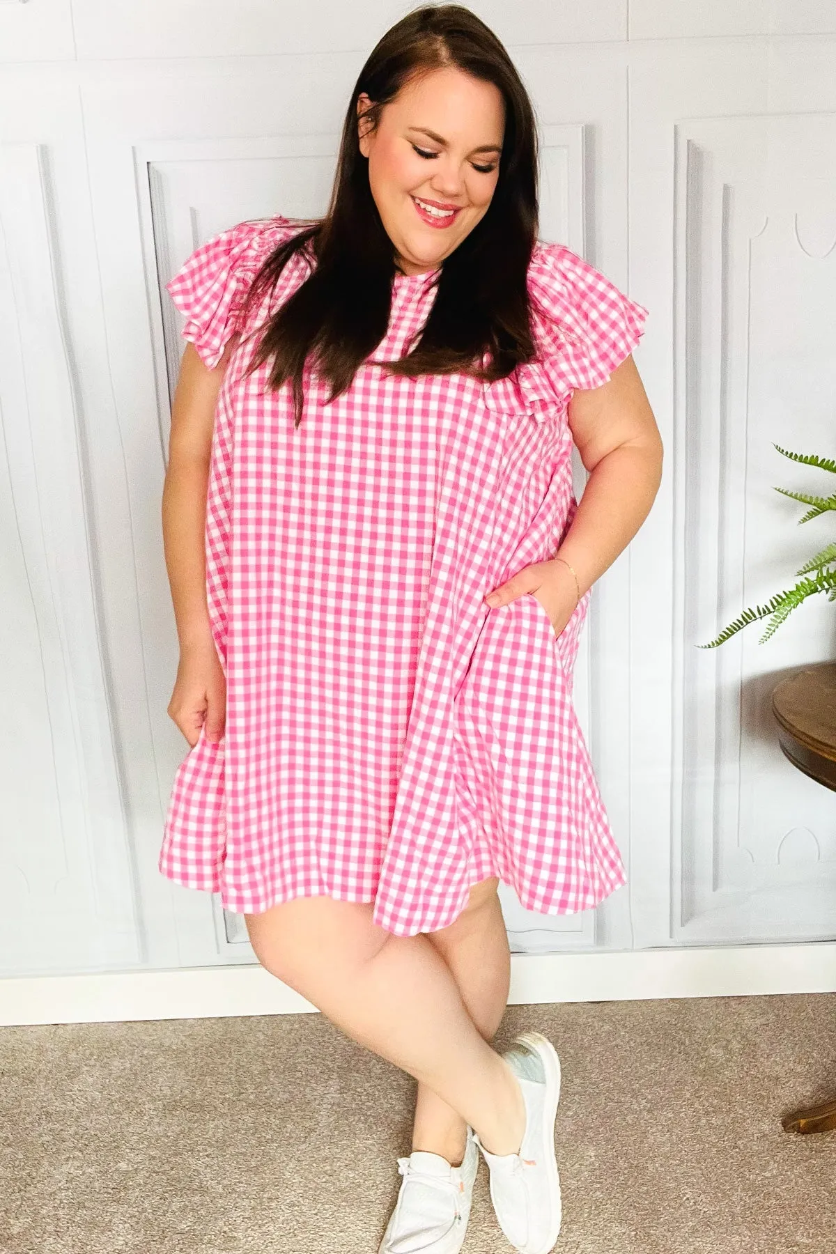 A True Beauty Pink Gingham Check Ruffle Sleeve Dress