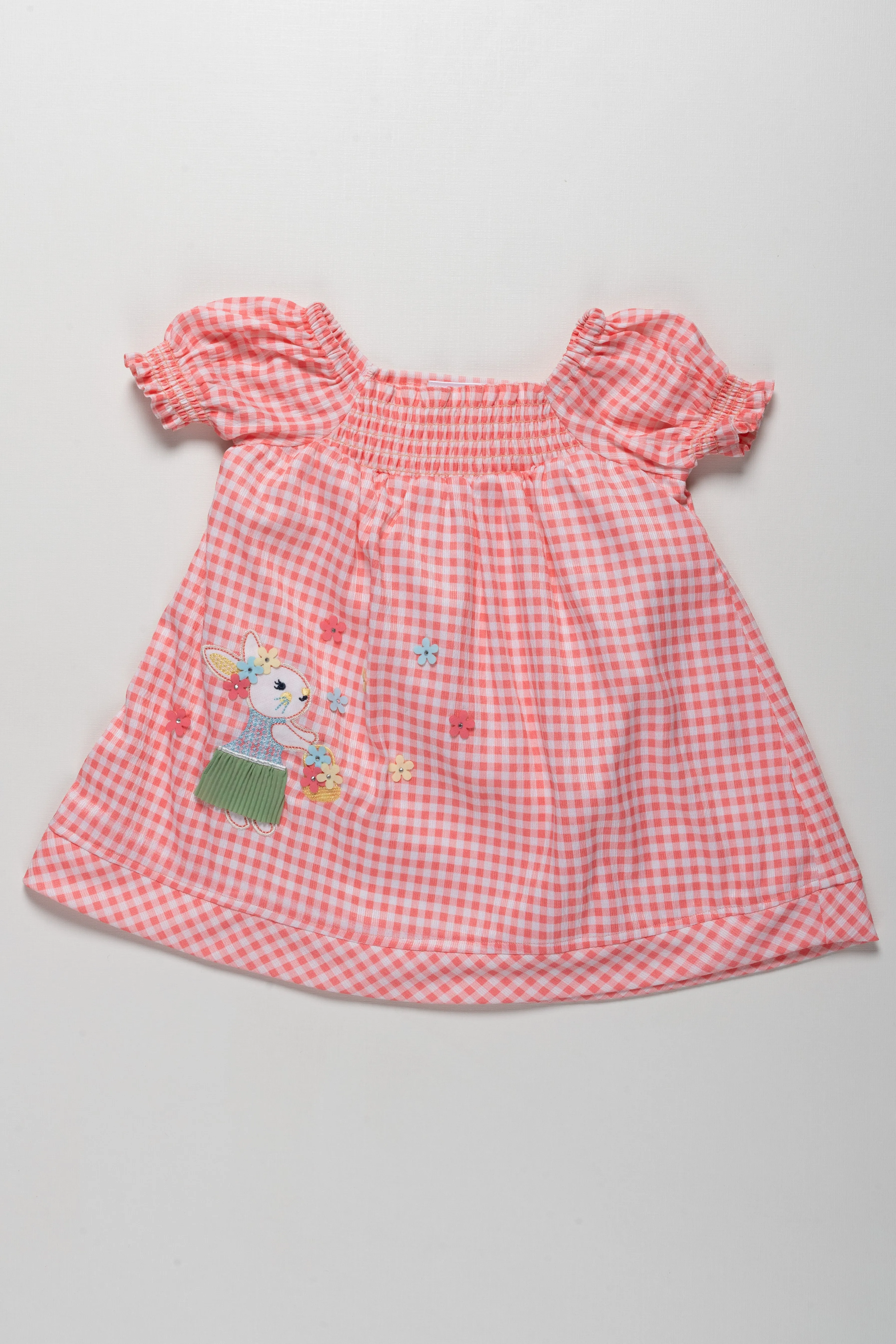 Adorable Girls Checkered Cotton Frock with Bunny Embroidery