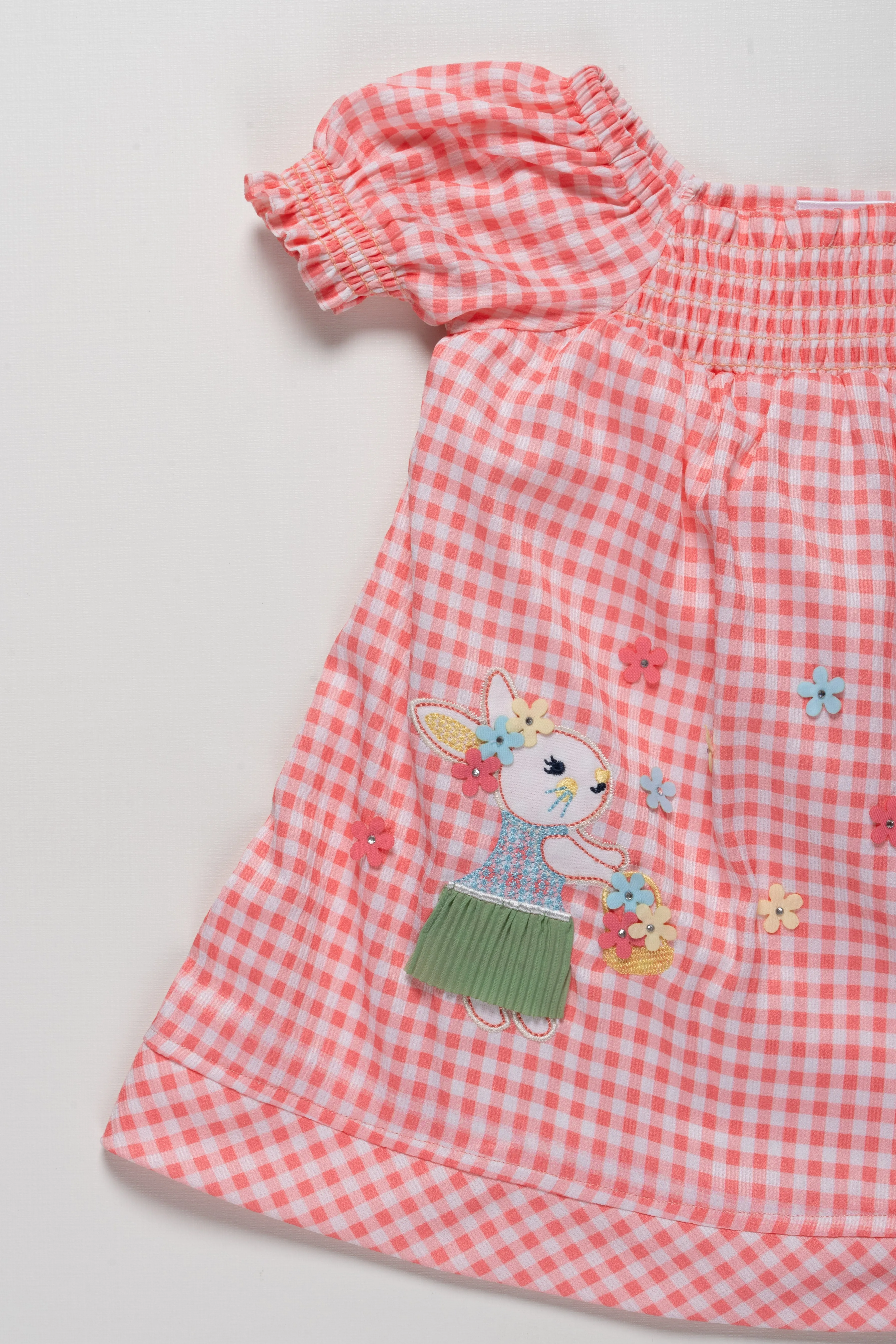 Adorable Girls Checkered Cotton Frock with Bunny Embroidery