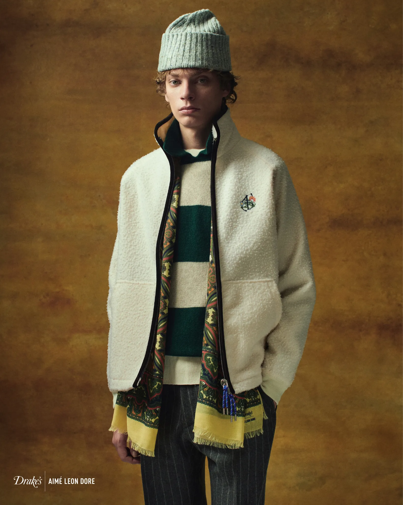 ALD / Drake's Green Striped Integral Collar Sweater