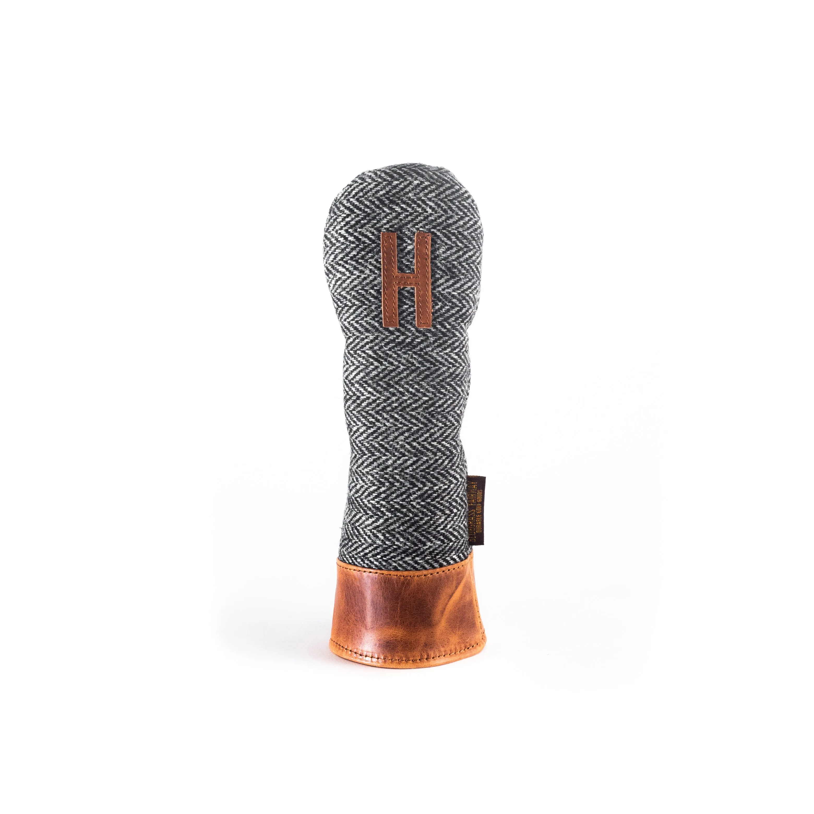 Americana Edition Harris Tweed and  leather golf Headcover in black and white Herringbone Hybrid