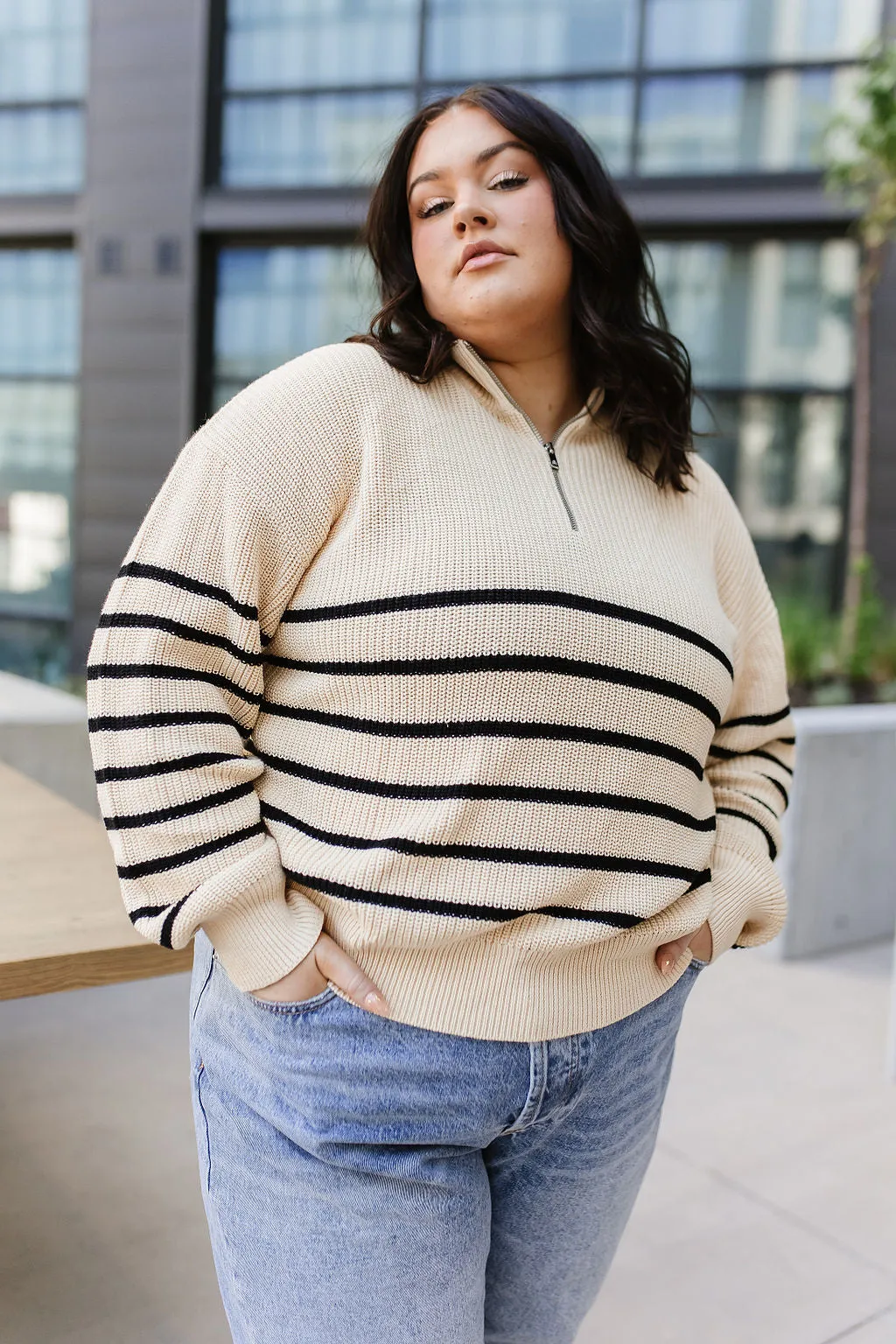 Ampersand Cream & Black Stripe Zip Sweater