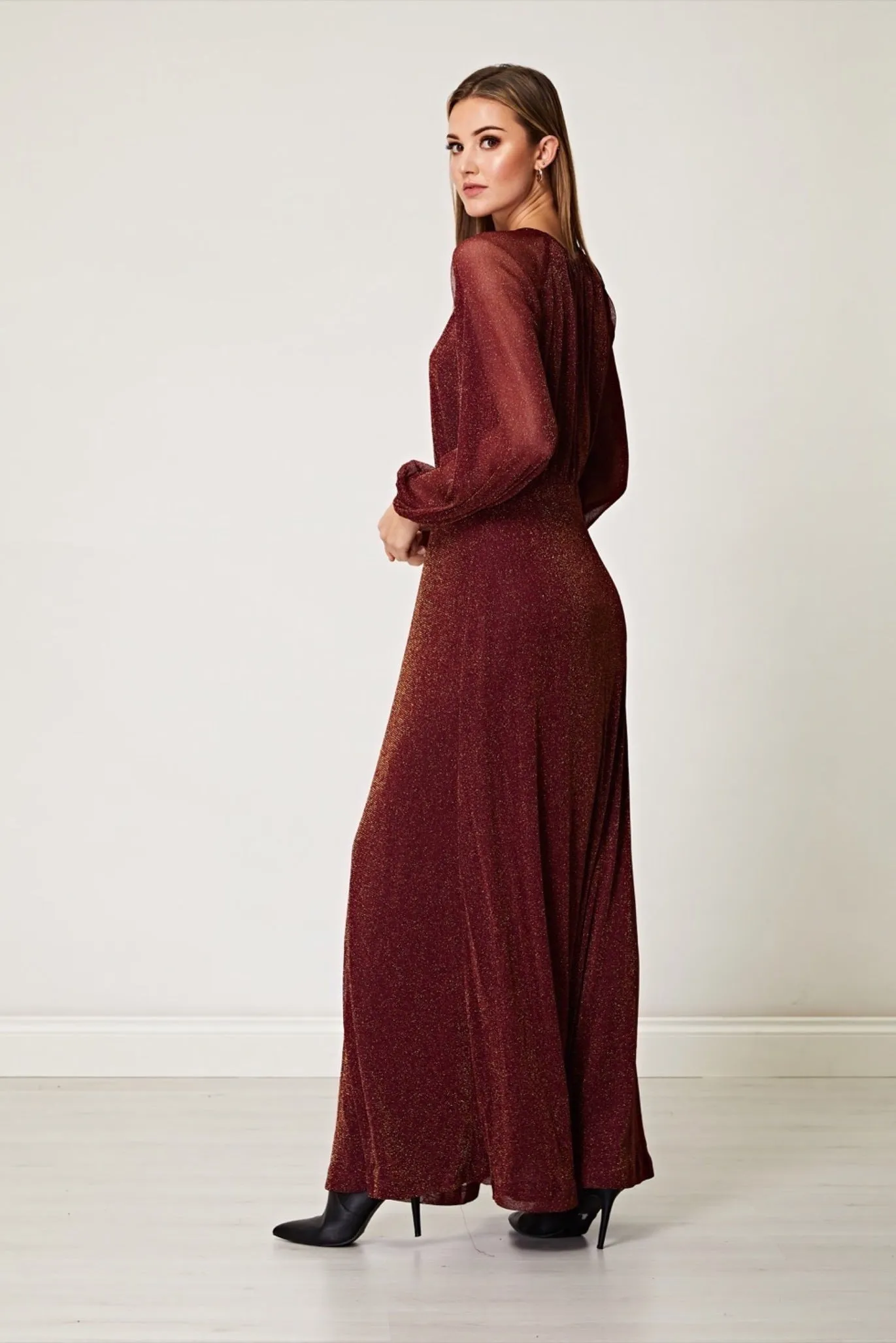 Angeleye Sparkly Lurex Flickering Chiffon Long Sleeve Maxi