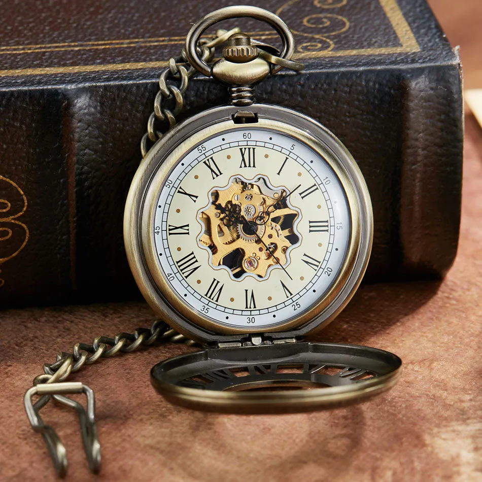 Antique Steampunk Skeleton Mechanical Pocket Watch for Men Women