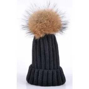 Autumn Fashion Knitted Raccoon Fur Ball Beanie Cap for Women and Men