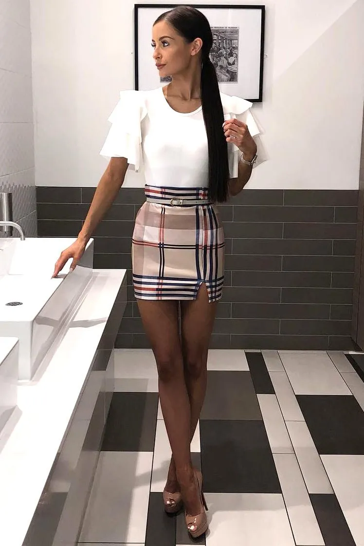 Beige Check Skirt - Kellsey