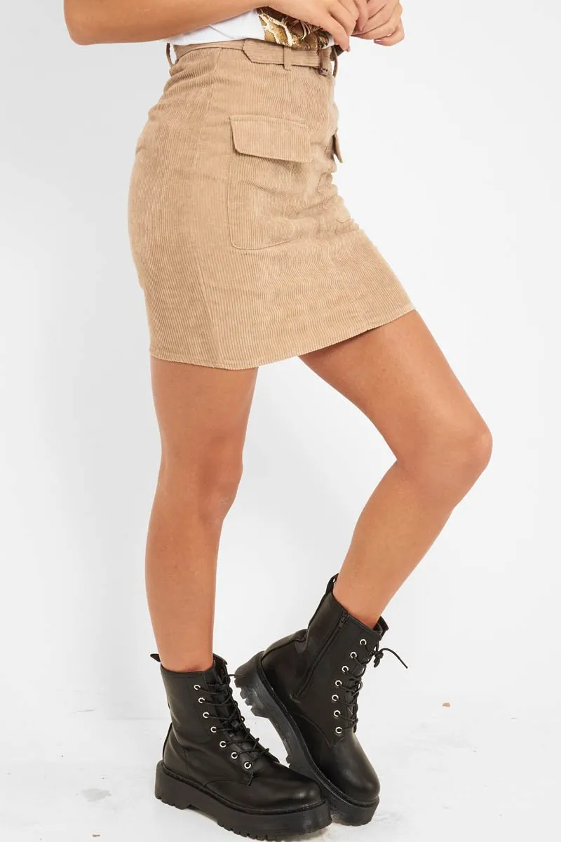 Beige Corduroy Belted Skirt - Alaysia