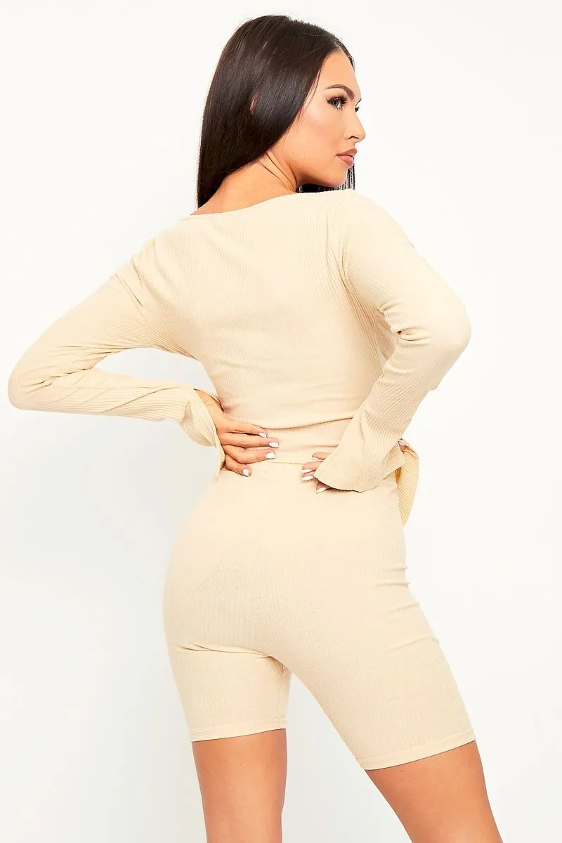 Beige Ribbed Double Zip Top Cycling Short Co-ord - Jamia