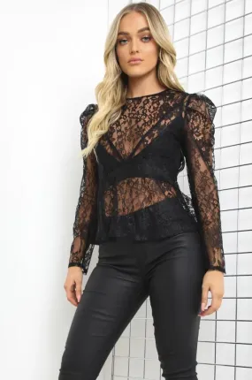 Black Floral Lace Peplum Top