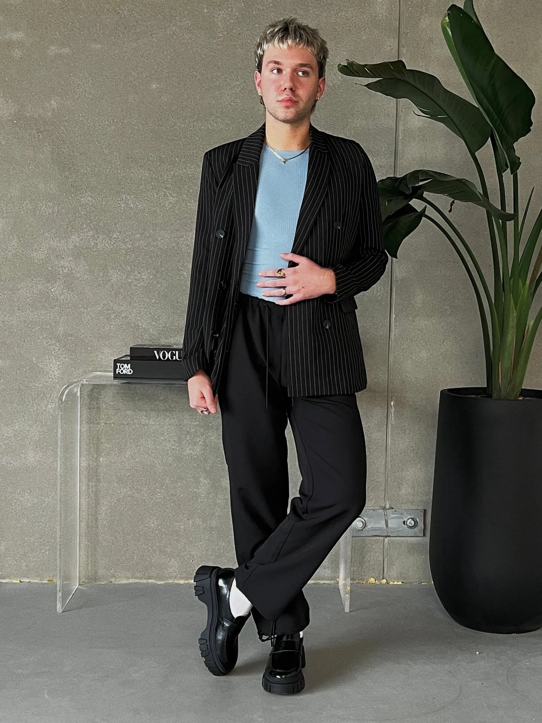 BLACK TAPE Double Breasted Pinstripe Blazer