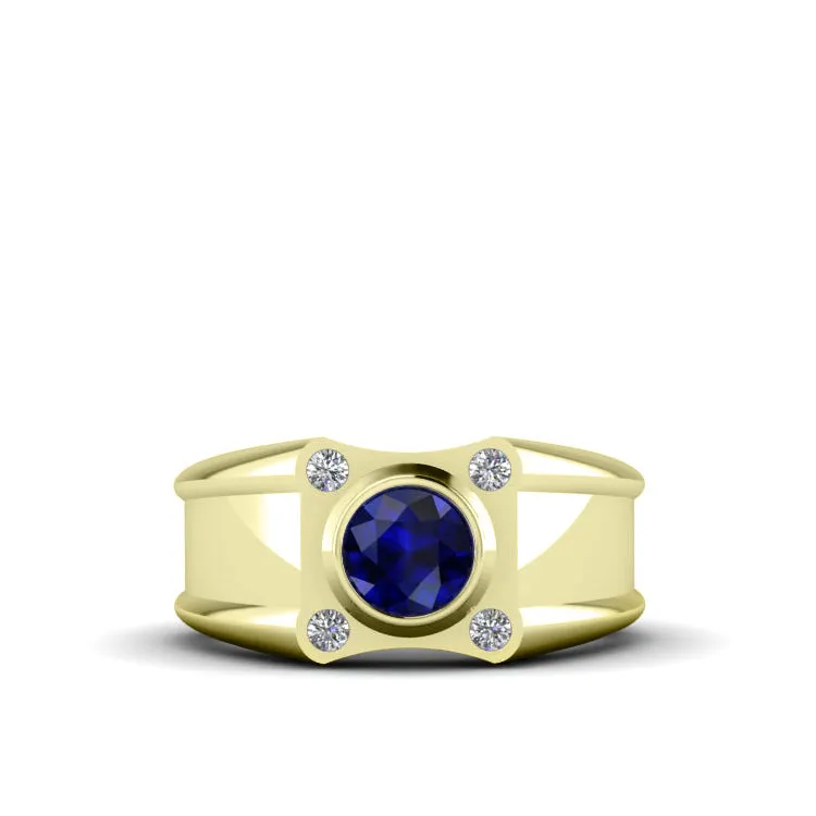 Blue Stone Gold Ring with 0.12ct Diamonds Personalized Male Pinky Ring Sapphire Jewelry Gift