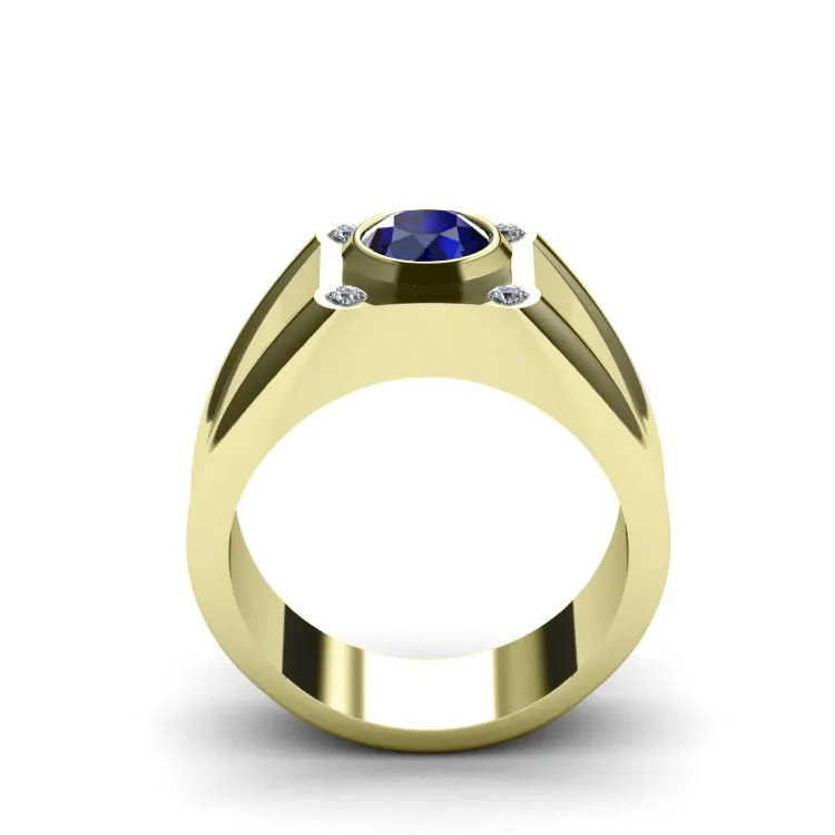 Blue Stone Gold Ring with 0.12ct Diamonds Personalized Male Pinky Ring Sapphire Jewelry Gift