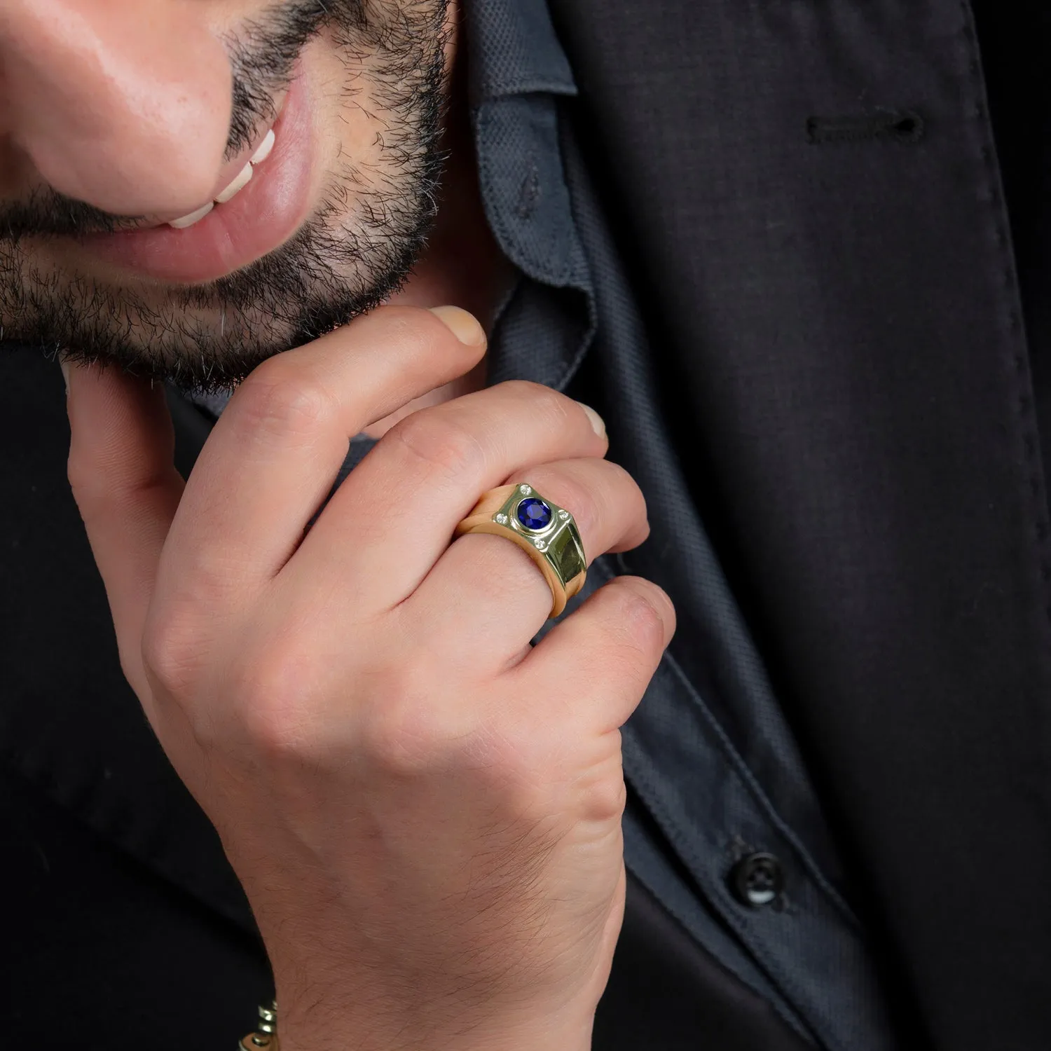 Blue Stone Gold Ring with 0.12ct Diamonds Personalized Male Pinky Ring Sapphire Jewelry Gift