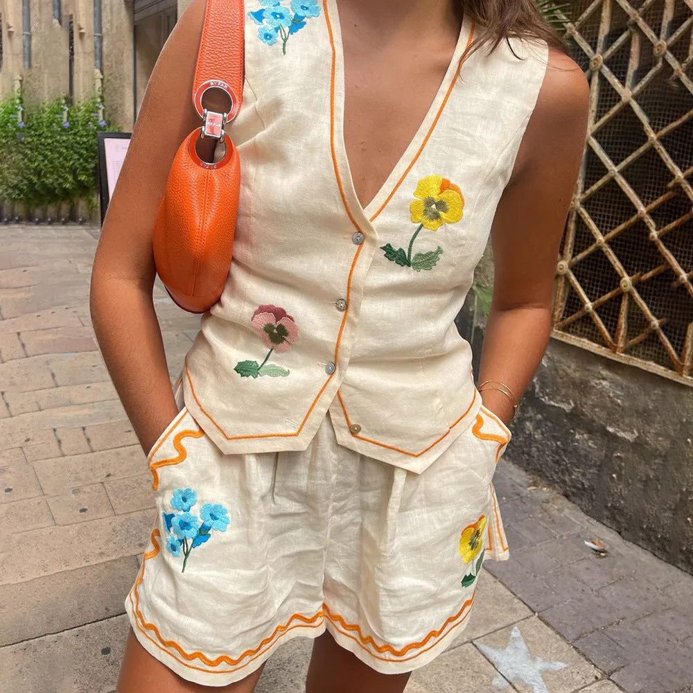 Bohemian Floral Sleeveless Vest And Shorts Set