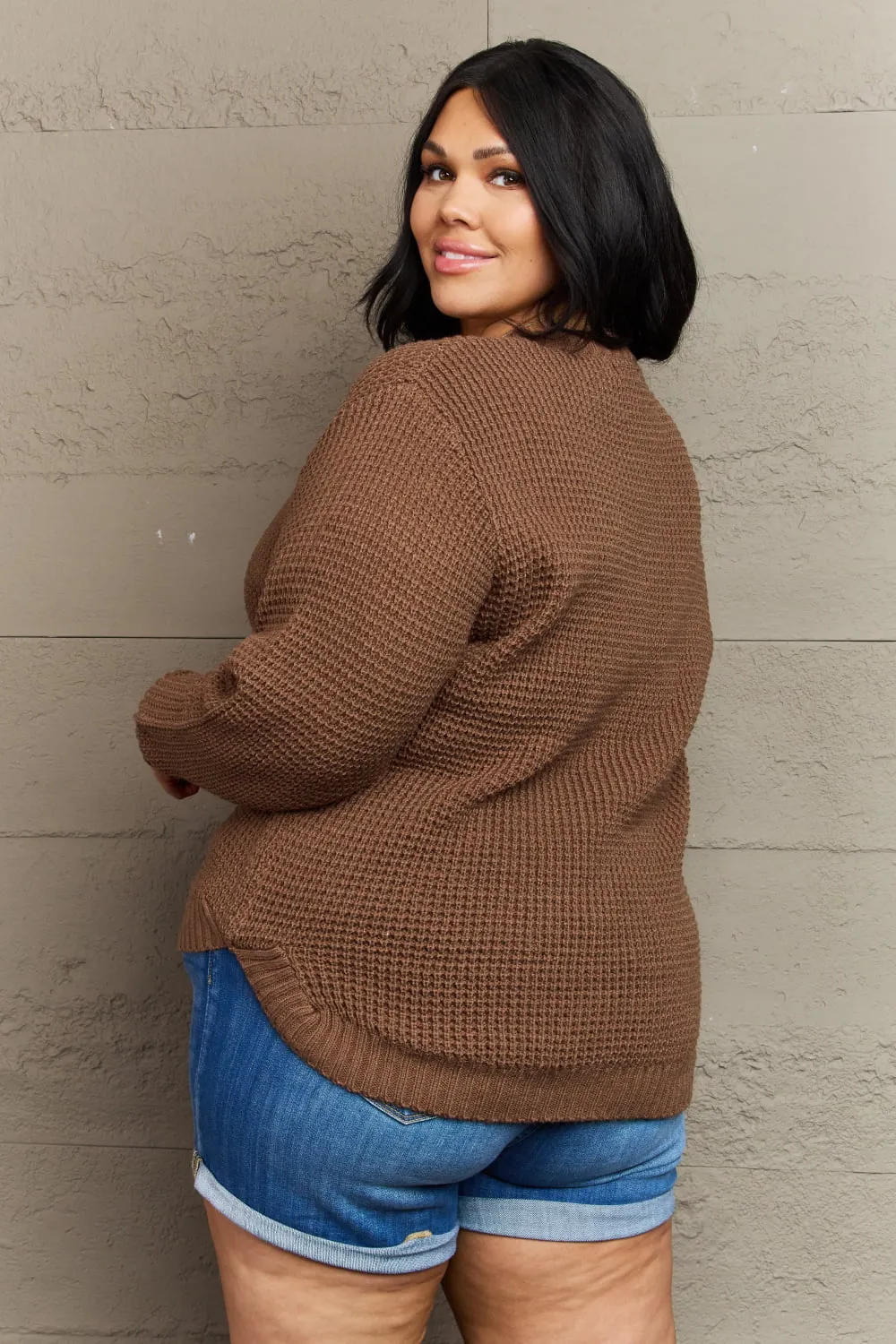 Breezy Days High Low Waffle Knit Sweater in Chestnut